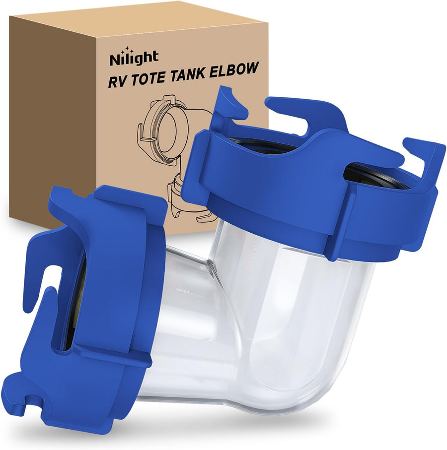 Nilight 90 Degree RV Tote Tank Adapter, Clear RV Sewer Hose Elbow Fitting with 4 Swivel Bayonet Prongs Leak-Proof Double Odor-Tight Sealing Ring for RV Camping Portable Waste Tank Sewer Hoses, Blue