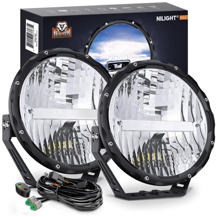 Nilight 9 Inch 120W 7000LM Round High Low Beam Built-in EMC LED Work Lights (Pair) | 14AWG DT Wire