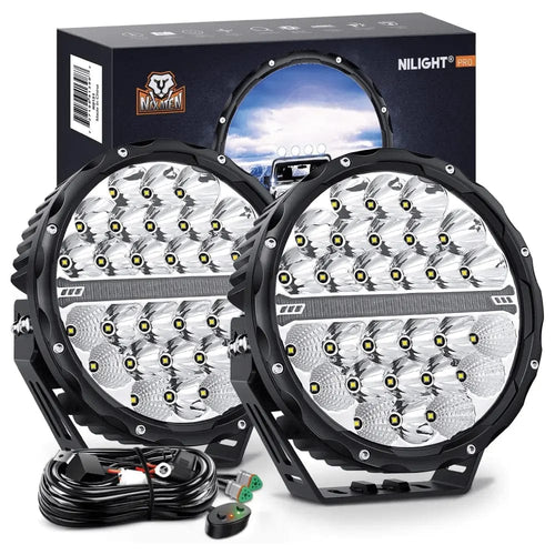Nilight 9 Inch 140W 15560LM Round Spot Flood Built-in EMC DRL LED Work Lights (Pair) | 12AWG DT Wire