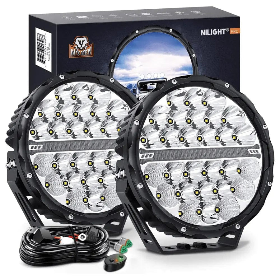 Nilight 9 Inch 140W 15560LM Round Spot Flood Built-in EMC DRL LED Work Lights (Pair) | 12AWG DT Wire