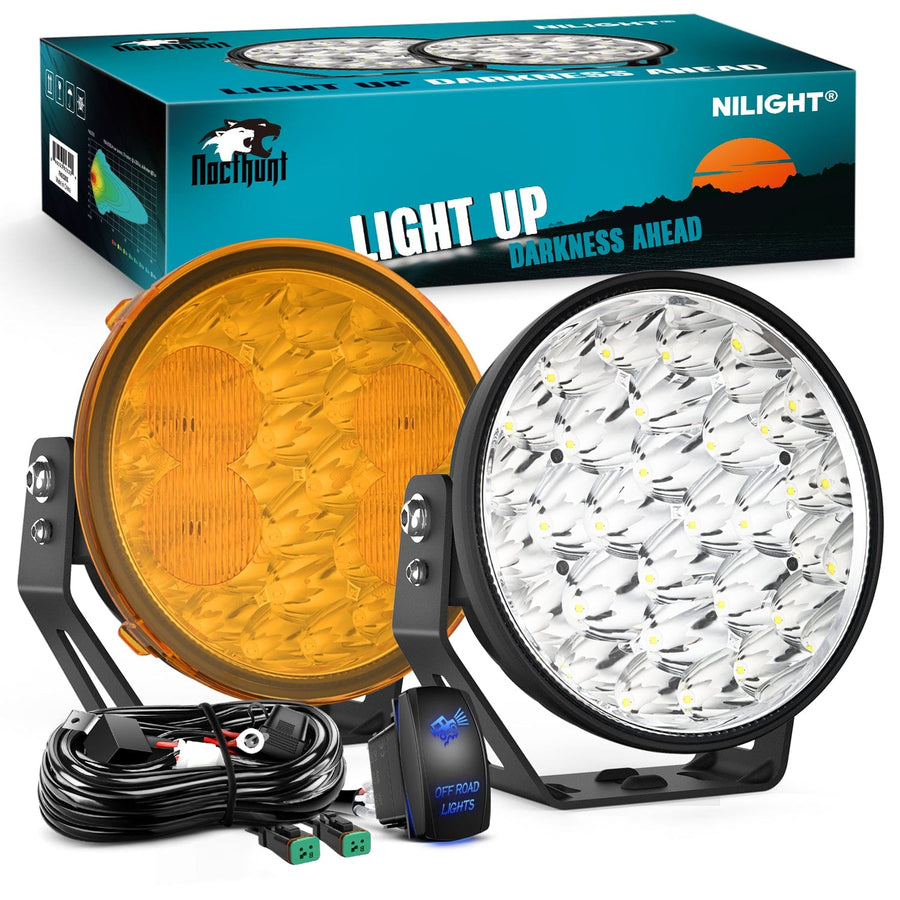 Nilight 9Inch 140W Round Offroad Light with Yellow Black Covers Hyper Spot Beam Work Light (Pair) | 12 AWG DT Connector Wiring Harness Kit