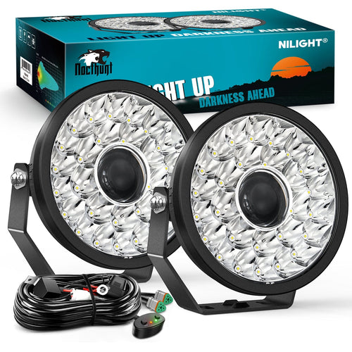 Nilight 9Inch 160W Round Offroad Light Hyper Spot Beam Work Light (Pair) | 12 AWG DT Connector Wiring Harness Kit