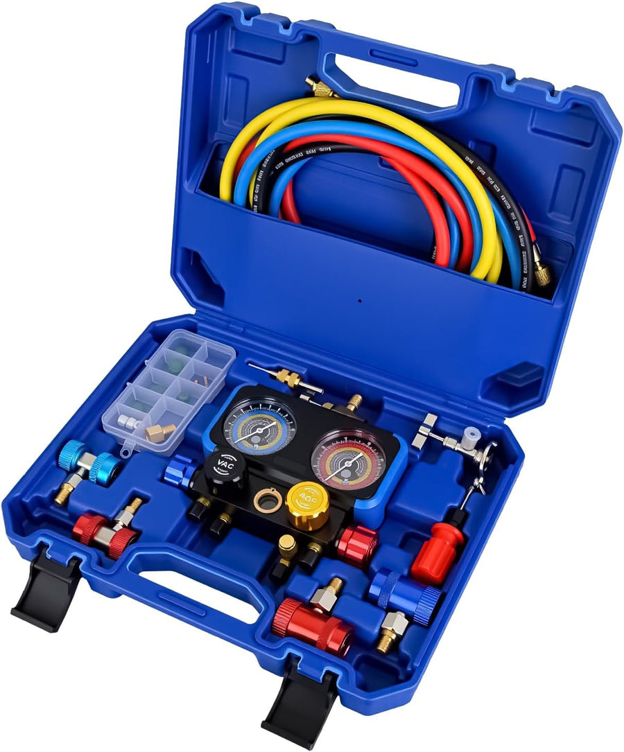 Nilight A/C Manifold Gauge Set Fits for R1234yf R134a R404A 4-Way Auto HVAC Diagnostic Gauges Refrigerant Recharge kit with Adjustable Couplers 5FT Hoses R1234yf Universal Can Tap