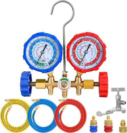 Nilight A/C Manifold Gauge Set Fits for R134a R12 R22 R502 3-Way Auto HVAC Diagnostic Gauges Refrigerant Recharge kit with Quick Couplers 5FT Hoses Universal Can Tap