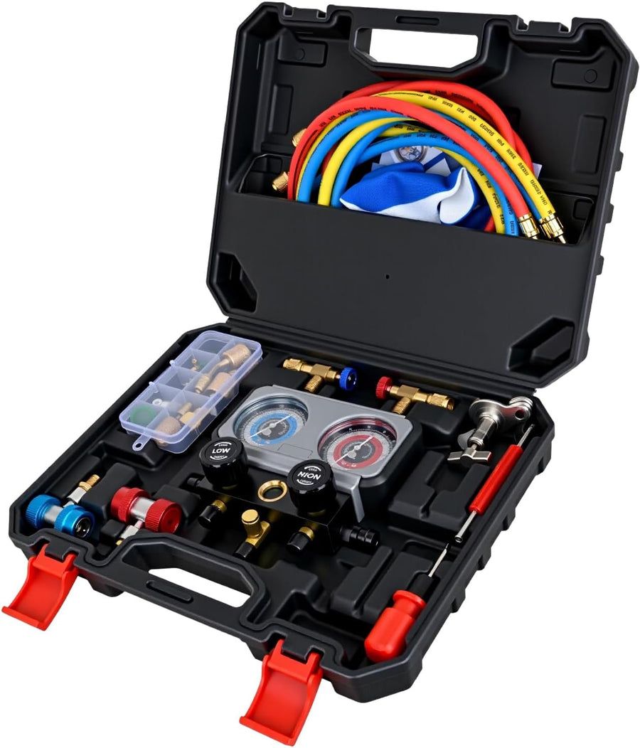 Nilight A/C Manifold Gauge Set Fits for R134a R410A R22 R404A 3-Way Auto HVAC Diagnostic Gauges Refrigerant Recharge kit with Adjustable Couplers 5FT Hoses Universal Can Tap