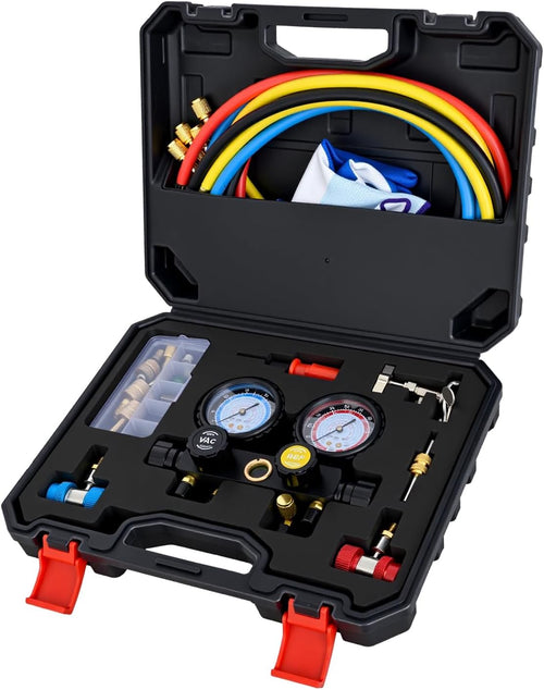 Nilight A/C Manifold Gauge Set Fits for R134a R410A R22 R404A 4-Way Auto HVAC Diagnostic Gauges Refrigerant Recharge kit with Adjustable Couplers 5FT Hoses Universal Can Tap