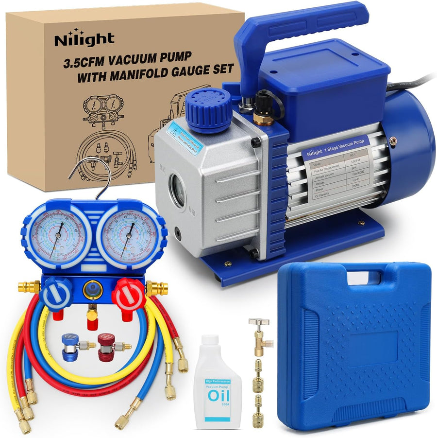 Nilight AC Vacuum Pump and Gauge Set, 3.5 CFM 1/4 HP 110V Single Stage HVAC Vacuum Pumps & Manifold Gauge Set Kit for R22 R404a R134a R410a, for Auto Air Conditioning Servicing Refrigerant Recharging