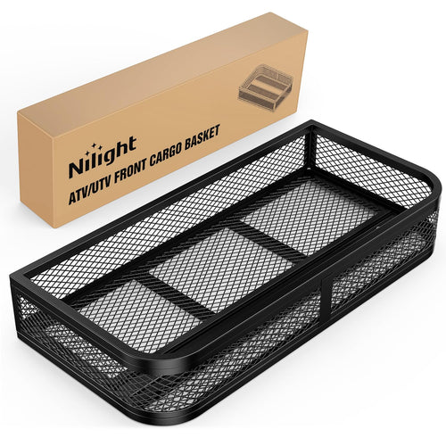 Nilight ATV Front Cargo Basket, 17 Inch W x 36 Inch L x 6.3 Inch H Racks and Baskets with Steel Mesh Frame, Heavy Duty ATV Storage Cargo Box Attachments for Luggage Carrier