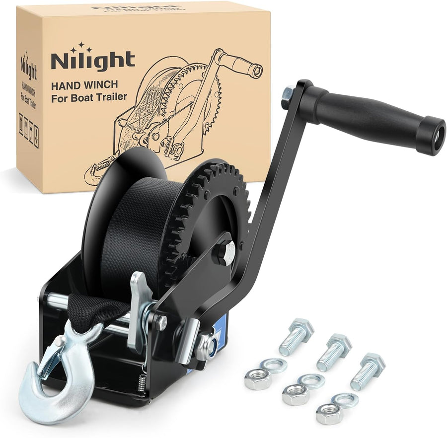 Nilight Boat Trailer Winch 1200 Lbs Hand Crank Winch Heavy Duty Boat Winches with 23Ft Strap Rope Hook 2-Way Ratchet 4:1 Gear Portable Marine Manual Winch for Trailers Boats RV ATV Jet Ski Towing