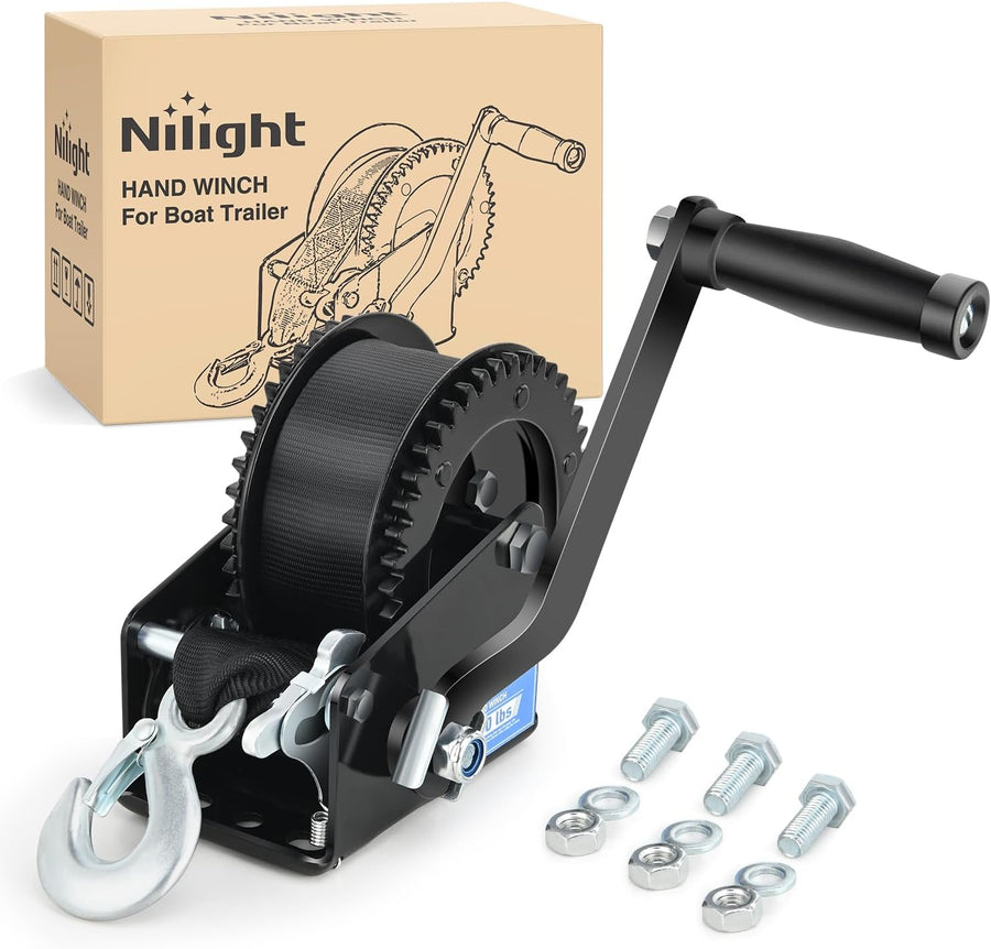 Nilight Boat Trailer Winch 2000 Lbs Hand Crank Winch Heavy Duty Boat Winches with 23Ft Strap Rope Hook 2-Way Ratchet 4:1 Gear Portable Marine Manual Winch for Trailers Boats RV ATV Jet Ski Towing