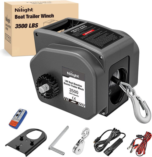 Nilight Boat Trailer Winch 3500 lbs Portable Electric Boat Winches 12 V DC Marine Winch with Steel Cable Remote Control & Hand Crank Power-in Freewheel Operat Waterproof Winch for Boat Trailer, Gray