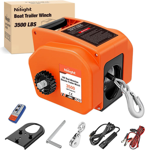 Nilight Boat Trailer Winch 3500 lbs Portable Electric Boat Winches 12 V DC Marine Winch with Steel Cable Remote Control & Hand Crank Power-In Freewheel Operat Waterproof Winch for Boat Trailer, Orange