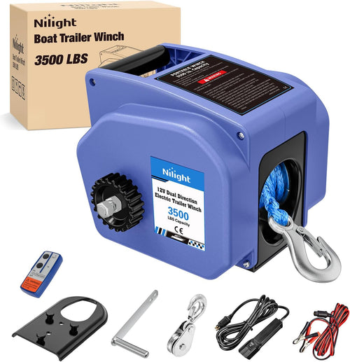 Nilight Boat Trailer Winch 3500 lbs Portable Electric Boat Winches 12 V DC Marine Winch with Synthetic Rope Remote Control Hand Crank Power-in Freewheel Waterproof Winch for Boat Trailer Towing, Blue