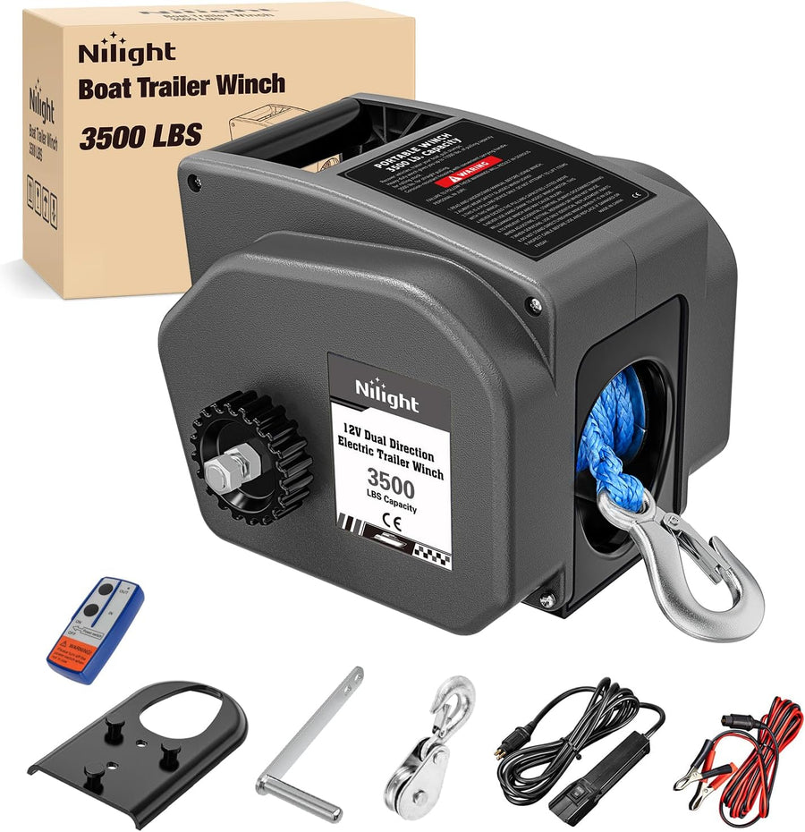 Nilight Boat Trailer Winch 3500 lbs Portable Electric Boat Winches 12 V DC Marine Winch with Synthetic Rope Remote Control Hand Crank Power-in Freewheel Waterproof Winch for Boat Trailer Towing, Gray