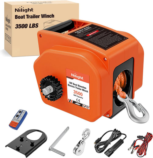 Nilight Boat Trailer Winch 3500 lbs Portable Electric Boat Winches 12 V DC Marine Winch with Synthetic Rope Remote Control Hand Crank Power-In Freewheel Waterproof Winch for Boat Trailer Towing Orange