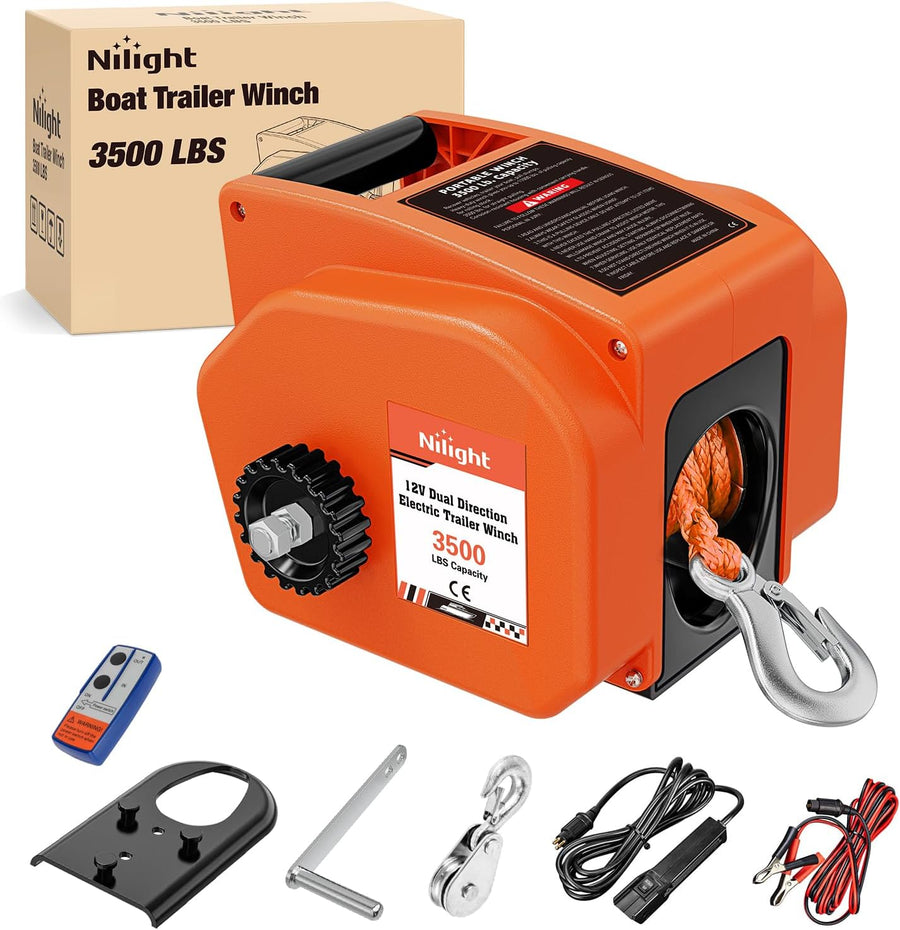 Nilight Boat Trailer Winch 3500 lbs Portable Electric Boat Winches 12 V DC Marine Winch with Synthetic Rope Remote Control Hand Crank Power-In Freewheel Waterproof Winch for Boat Trailer Towing Orange