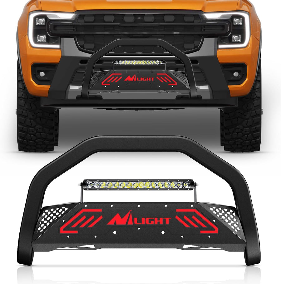 Nilight Bull Bar & License Plate Hole with LED Light Bar Compatible with Ford Ranger 2019 2020 2021 2022 2023 2024 2025 2026 Truck Brush Guard, Front Bumper Push Bar w/Grille Skid Plate Light Mount