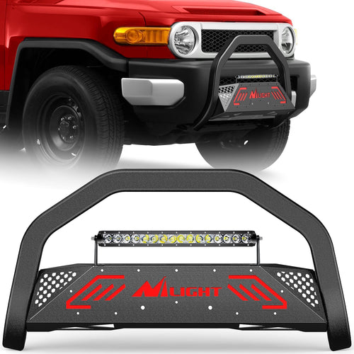 Nilight Bull Bar with Light Bar&License Plate Hole Compatible with Toyota Fj Cruizer 2007-2014 Truck Brush Guard, Front Bumper Push Bar w/Grille Skid Plate Light Mount