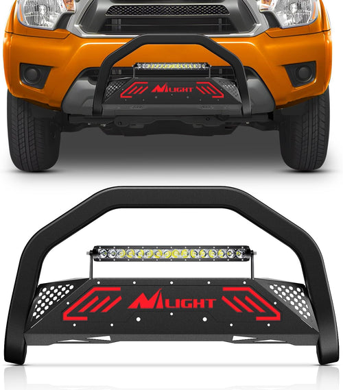 Nilight Bull Bar with Light Bar & License Plate Hole Compatible with Toyota Tacoma 2005-2015 Truck Brush Guard, Front Bumper Push Bar w/Grille Skid Plate Light Mount