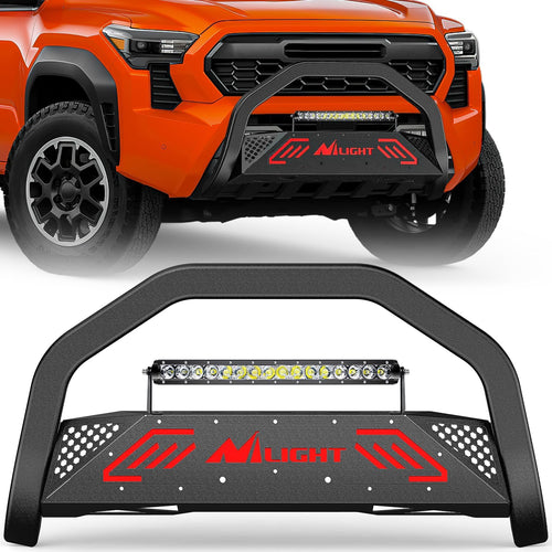 Nilight Bull Bar with Light Bar&License Plate Hole Compatible with Toyota Tacoma 2024 2025 2026 Truck Brush Guard, Front Bumper Push Bar w/Grille Skid Plate Light Mount