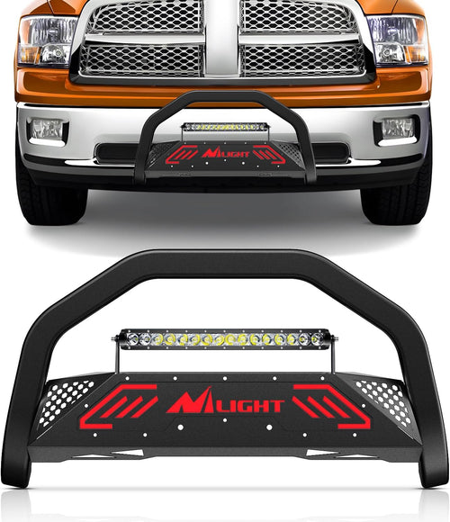 Nilight Bull Bar with Light Bar & License Plate Hole for 2009-2018 Dodge Ram 1500&2019-2024 RAM 1500 Classic (Exl Rebel Sport) Truck Brush Guard Front Bumper Push Bar w/Grille Skid Plate Light Mount