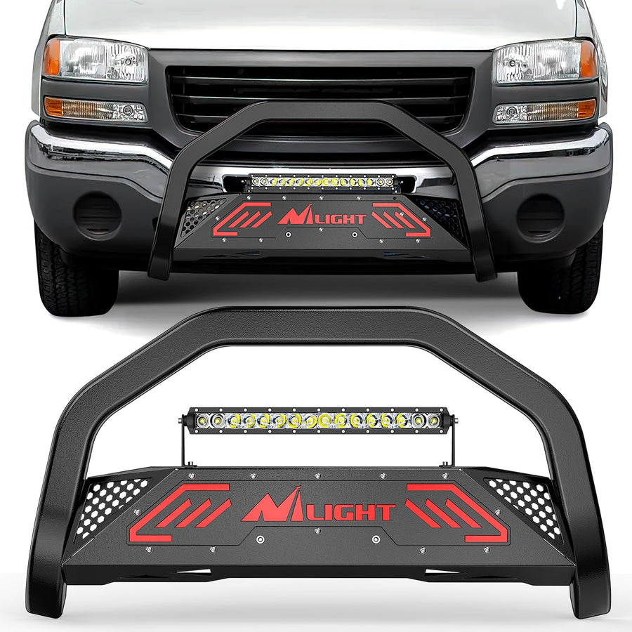 Nilight Bull Bar with Light fits 1999-2006 Chevy Silverado & GMC Sierra (07 Classic)/ 2000-2006 Suburban Tahoe & Yukon & XL / 2002-2006 Avalanche Front Bumper Grille Guard with Skid Plate Licence Hole