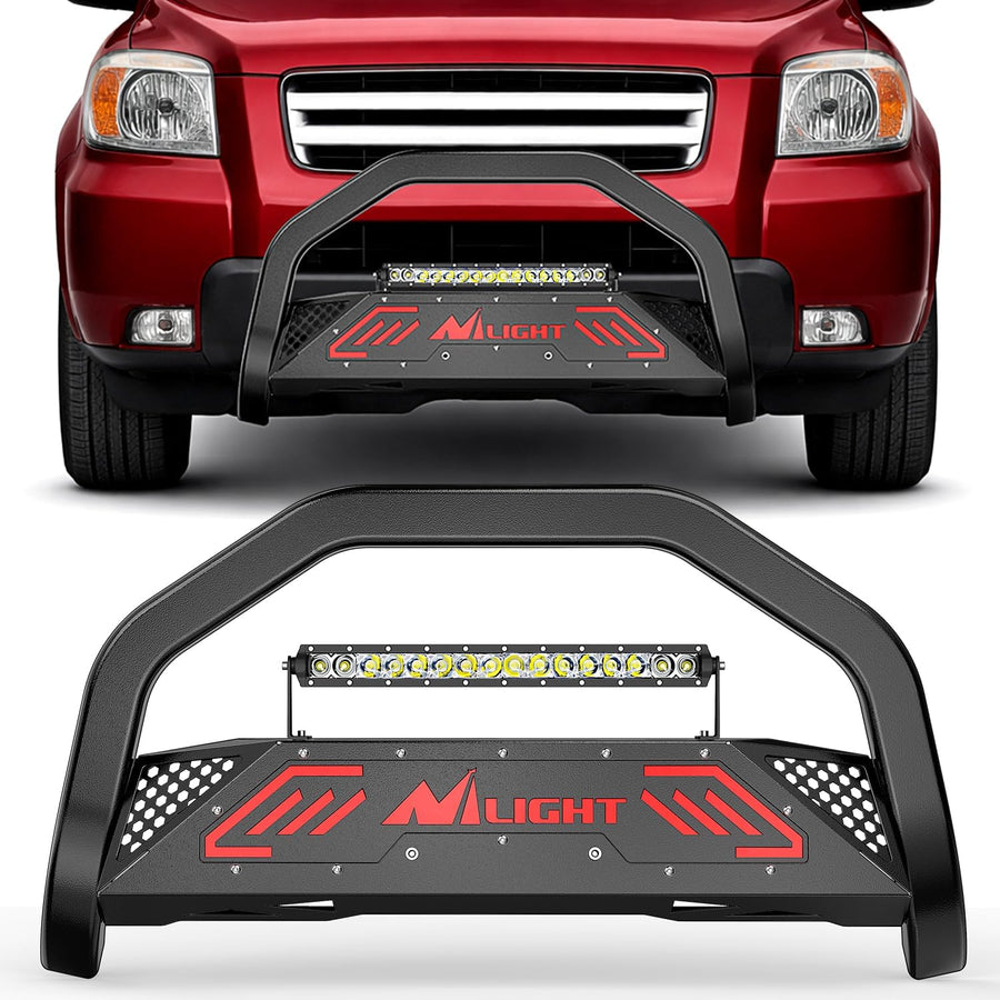 Nilight Bull Bar with Light fits 2003-2008 Honda Pilot, 2006-2015 Honda Ridgeline, 2001-2006 Acura MDX Front Bumper Grille Brush Push Guard with Skid Plate Licence Plate Hole Black