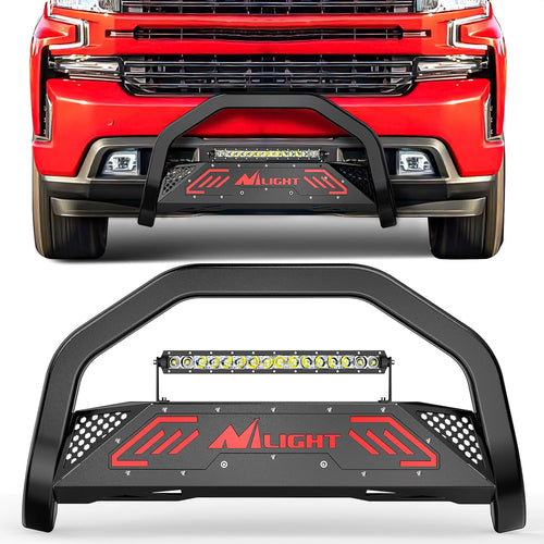 Nilight Bull Bar with Light fits 2007-2018 Chevy Silverado GMC Sierra 1500, 2007-2020 Chevy Tahoe Suburban&Yukon/Yukon XL Front Bumper Grille Brush Push Guard with Skid Plate Licence Plate Hole Black