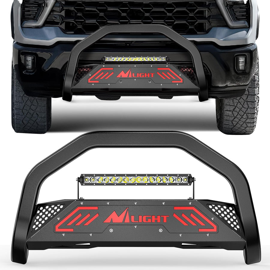 Nilight Bull Bar with Light fits 2019-2024 Chevy Silverado 1500(Excl. 19 LTD Classic) & GMC Sierra 1500(Excl. 19 LTD Classic) Front Bumper Grille Brush Push Guard with Skid Plate Licence Plate Hole