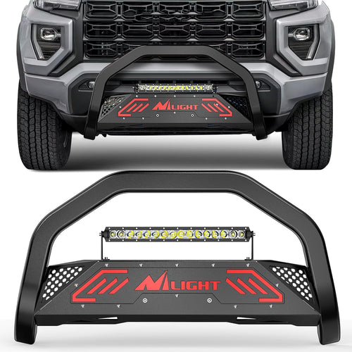 Nilight Bull Bar with Light fits Chevy Colorado (Excl. ZR2) 2015-2022 & GMC Canyon 2015-2022 Front Bumper Grille Brush Push Guard with Skid Plate Licence Plate Hole Black