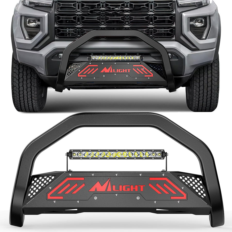 Nilight Bull Bar with Light fits Chevy Colorado (Excl. ZR2) 2015-2022 & GMC Canyon 2015-2022 Front Bumper Grille Brush Push Guard with Skid Plate Licence Plate Hole Black