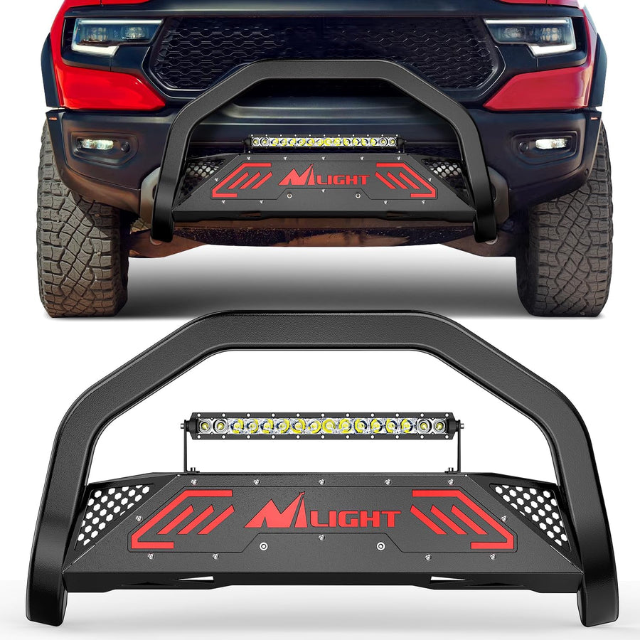 Nilight Bull Bar with Light fits Dodge Ram 1500 New Body 2019-2024 (Not fit Rebel,TRX,Classic & 20-22Diesel) Front Bumper Grille Brush Push Guard with Skid Plate Licence Hole Black