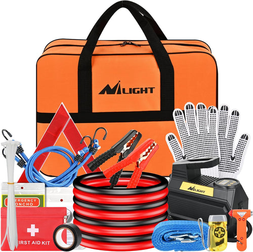 Nilight Car Emergency Kit with Jumper Cable Air Compressor Tire Repair Essential Tools First Aid Alligator Connector Electrical Kit for Travel Camping Outdoor Cars Truck SUV RV