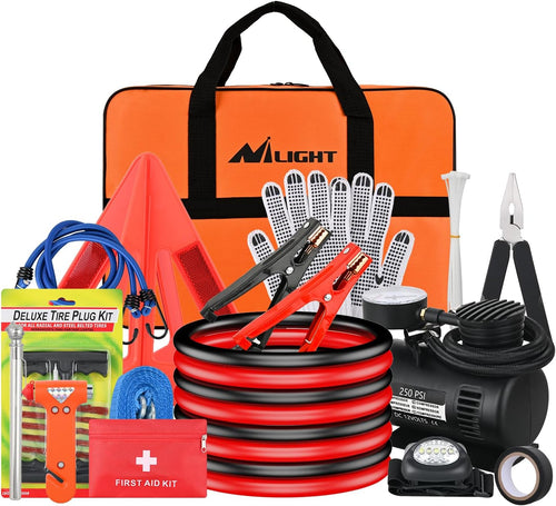 Nilight Car Emergency Kit with Jumper Cable Air Compressor Tire Repair Essential Tools First Aid Alligator Connector Electrical Kit for Travel Camping Outdoor Cars Truck SUV RV