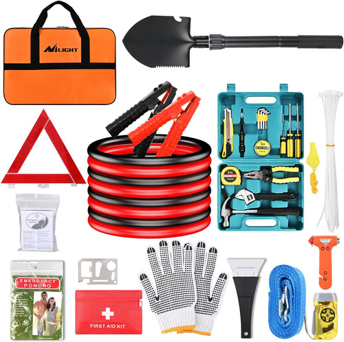 Nilight Car Emergency Kit with Jumper Cable Air Compressor Tire Repair Essential Tools First Aid Alligator Connector Electrical Kit for Travel Camping Outdoor Cars Truck SUV RV