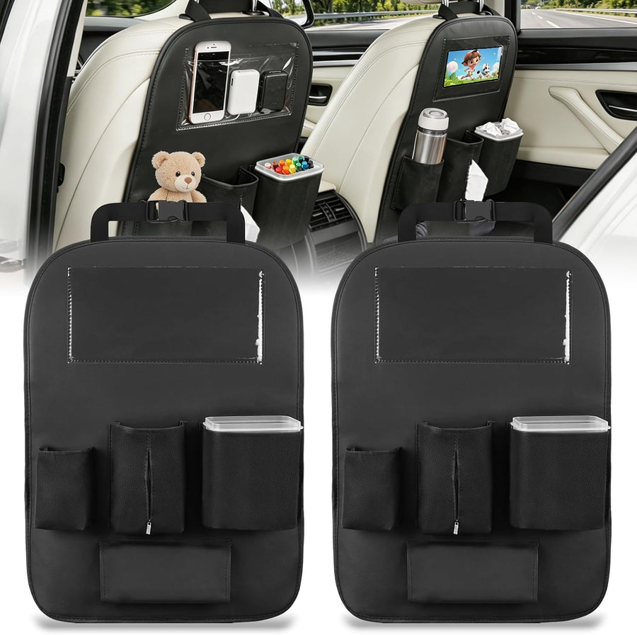 Nilight Car Seat Back Organizer 2PCS Black PU Leather Universal | Cup Holder Tissue Box Removable Bucket Waterproof Multifunctional Storage Bag for Cars Vans SUVs MPVs Pickup Trucks