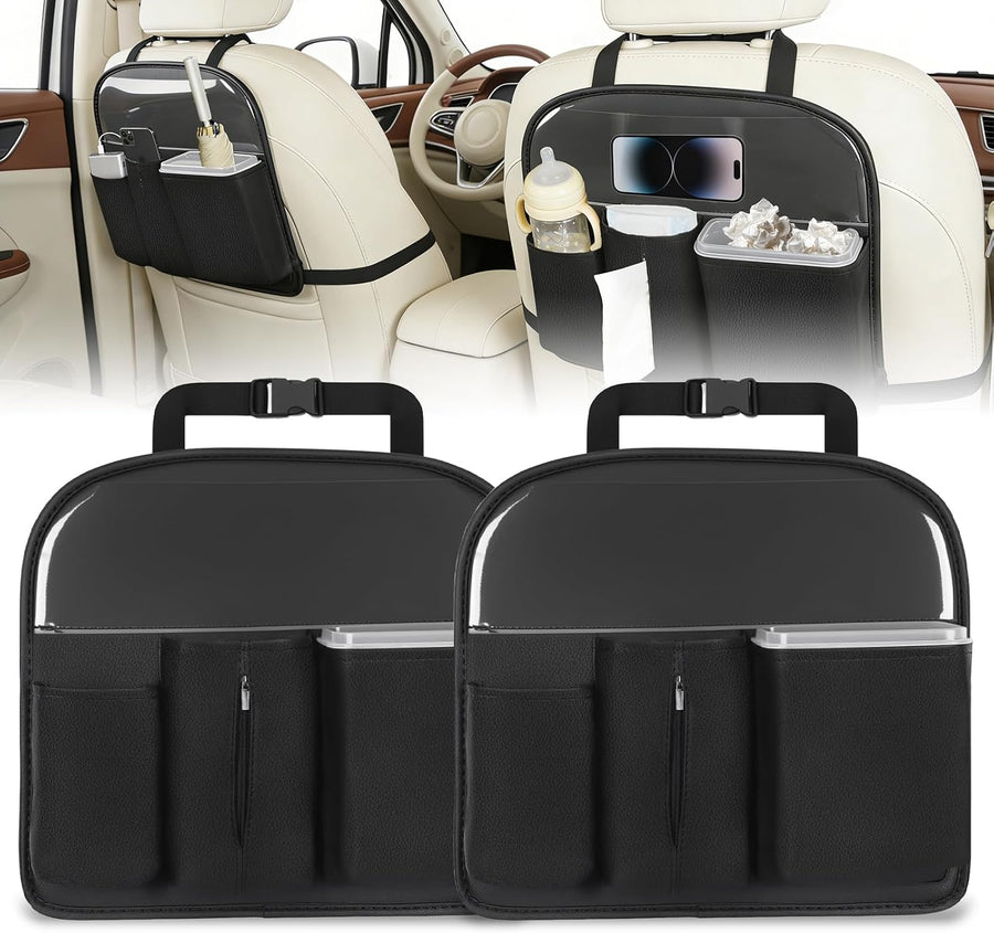 Nilight Car Seat Back Organizer 2PCS Black PU Leather Universal | Removable Inner Bucket Tissue Box Mesh Pockets Waterproof Hanging Storage Bag for Cars Vans SUVs MPVs Pickup Trucks
