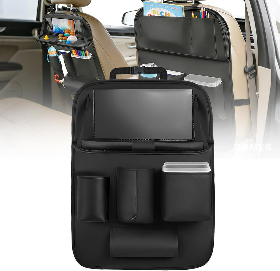 Nilight Car Seatback Organizer 1PC Black PU Leather Universal | Foldable Tray Tablet Holder Tissue Box Removable Bucket Waterproof Storage Bag for Cars Vans SUVs MPVs Pickup Trucks