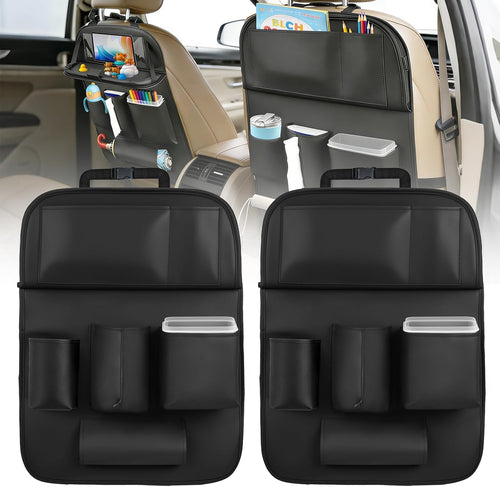 Nilight Car Seatback Organizer 2PCS Black PU Leather Universal | Foldable Tray Tablet Holder Tissue Box Removable Bucket Waterproof Storage Bag for Cars Vans SUVs MPVs Pickup Trucks