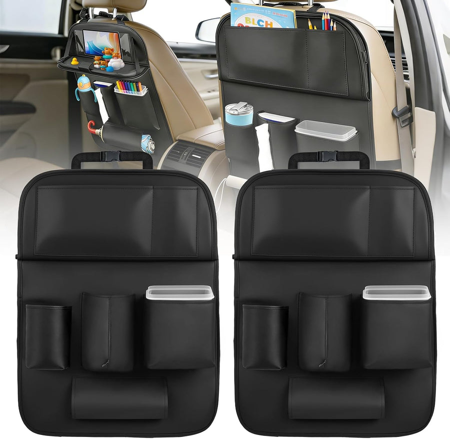 Nilight Car Seatback Organizer 2PCS Black PU Leather Universal | Foldable Tray Tablet Holder Tissue Box Removable Bucket Waterproof Storage Bag for Cars Vans SUVs MPVs Pickup Trucks