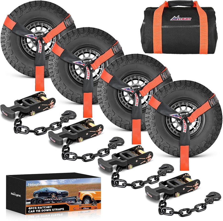Nilight Car Tie Down Straps with Chain Hook Anchors 4 Pack Adjustable Wheel Straps 2 Inch x 96 Inch Lasso Style 3,674 lbs Safe Working Load Comes with Bag for Truck Cars UTV Orange