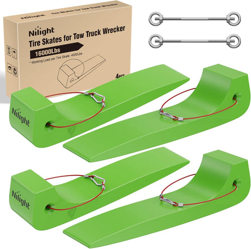Nilight Combinable Tire Skates 4Pack – Rollback Tow Truck & Flatbed Carrier Accessories, Low Friction Skids for Locked Wheel Towing & Disabled Vehicle Recovery, 4000 lbs, Green