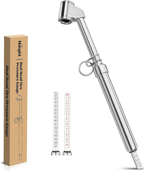 Nilight Dual Head Tire Pressure Gauge Heavy Duty Truck Air Chuck Range 10-150PSI 1-10Bar Tire Pressure Checker Straight-On Tire Air Gauge Extended Tube for Semi Truck, RV, Car, Motorcycle