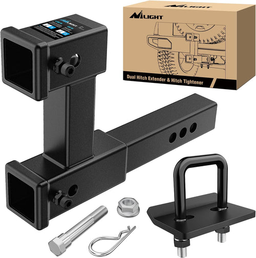 Nilight Dual Hitch Extender to 10 Inch Max Extension Length with Hitchs Tightener Anti Rattle for 2 Inch Receiver with 5/8 Inch Bolt Nut Clip Adjust 7-1/2 Inch Riser or Drop 4,000 lbs GTW Matte Black