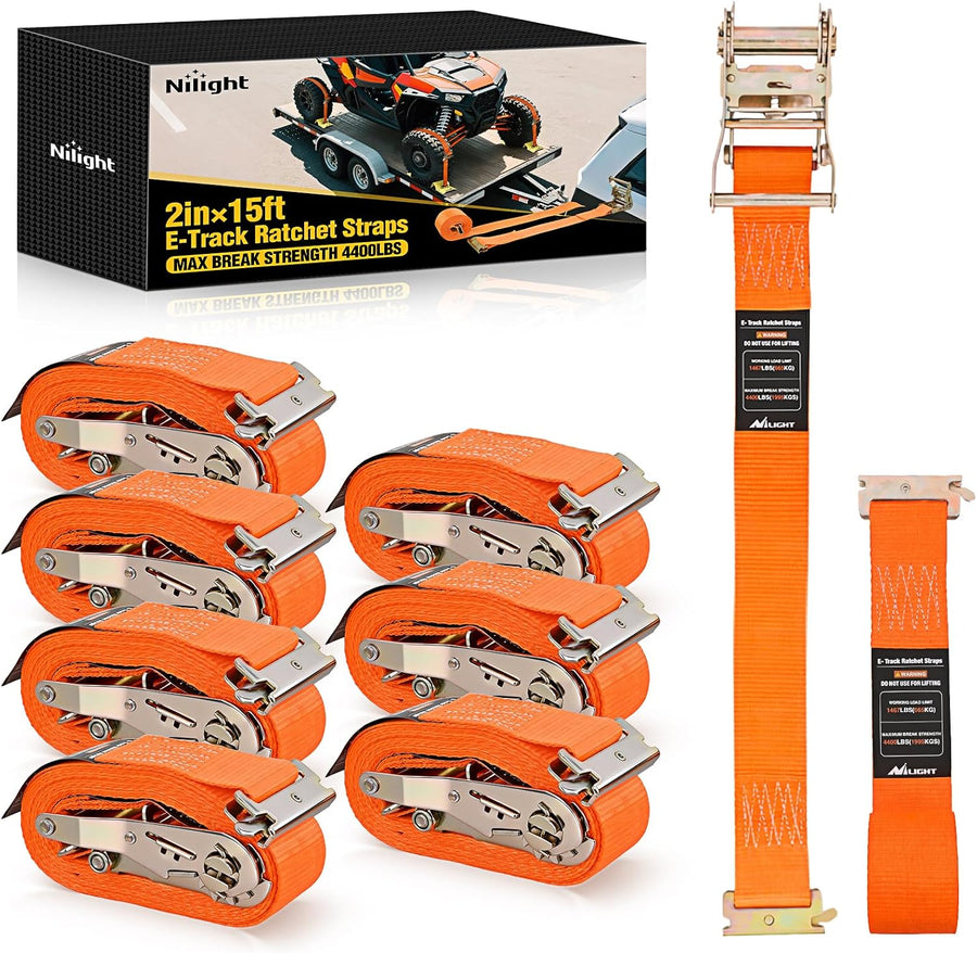 Nilight E-Track Ratchet Straps 8 Pack 2 Inch x 15 Inch Orange | Heavy Duty Cargo Tie-Downs 4400 lbs Breaking Strength Standard E Track accessories Fit for Cargo Vans Trucks Trailers