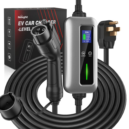 Nilight EV Charger Level 2, 32 Amp 240V, 25ft Cable SAE J1772 Portable Electric Car Charger with NEMA 14-50P Plug, Adjustable Current/Delay Timer