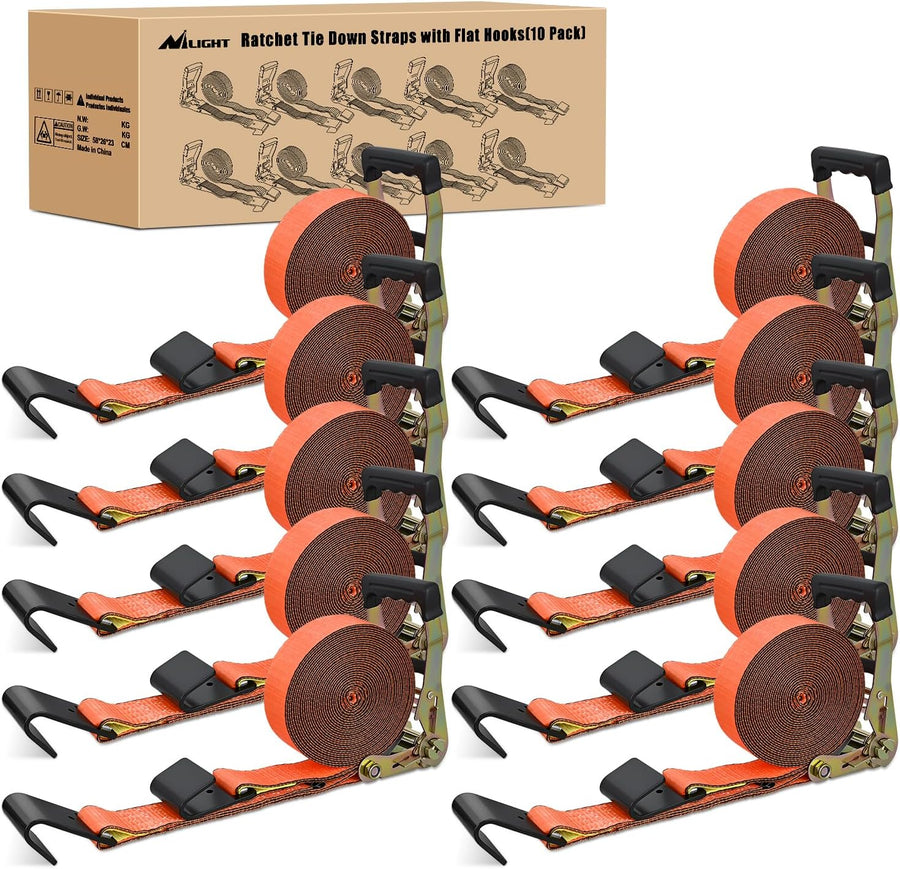 Nilight Flat Hook Ratchet Straps 10 Pack 2 in x 30 Ft Orange | Heavy Duty Tie Down Straps 10,000 Lbs Breaking Strength for Truck, Trailers Pickup