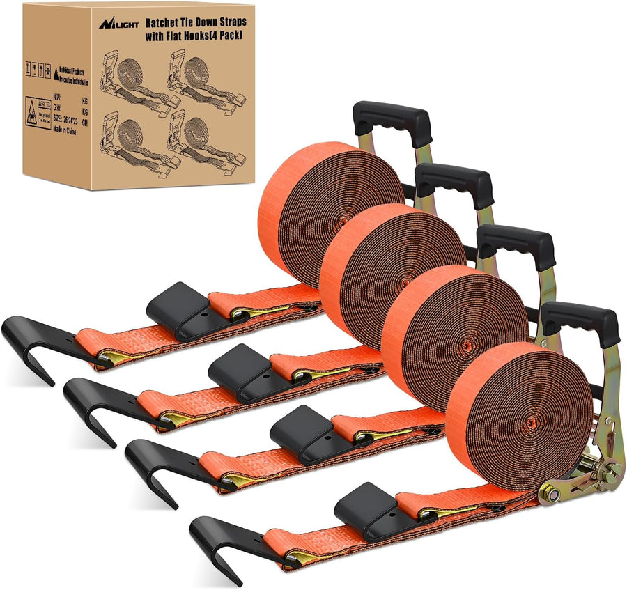 Nilight Flat Hook Ratchet Straps 4 Pack 2 in x 30 Ft Heavy Duty Tie Down Straps 10,000 Lbs Breaking Strength for Truck, Trailers Pickup Orange