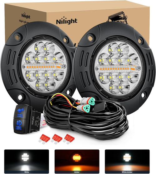 Nilight Flush Mount LED Light Pods 2PCS 5 Inch 36W Amber White 3 Lighting Modes Fog Lights Spot Flood Beam with Dual Control 18AWG Wiring Harness for Truck Pickup Golf Cart UTV ATV SUV Boat 4x4 Car