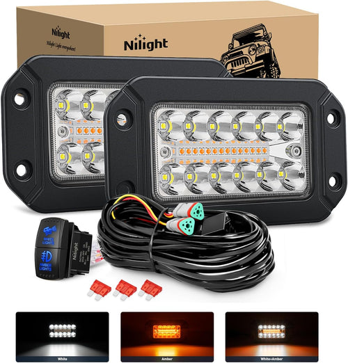 Nilight Flush Mount LED Light Pods 2PCS 6 Inch 39W Amber White 3 Lighting Modes Fog Lights Spot Flood Beam with Dual Control 18AWG Wiring Harness for Truck Pickup Golf Cart UTV ATV SUV Boat 4x4 Car